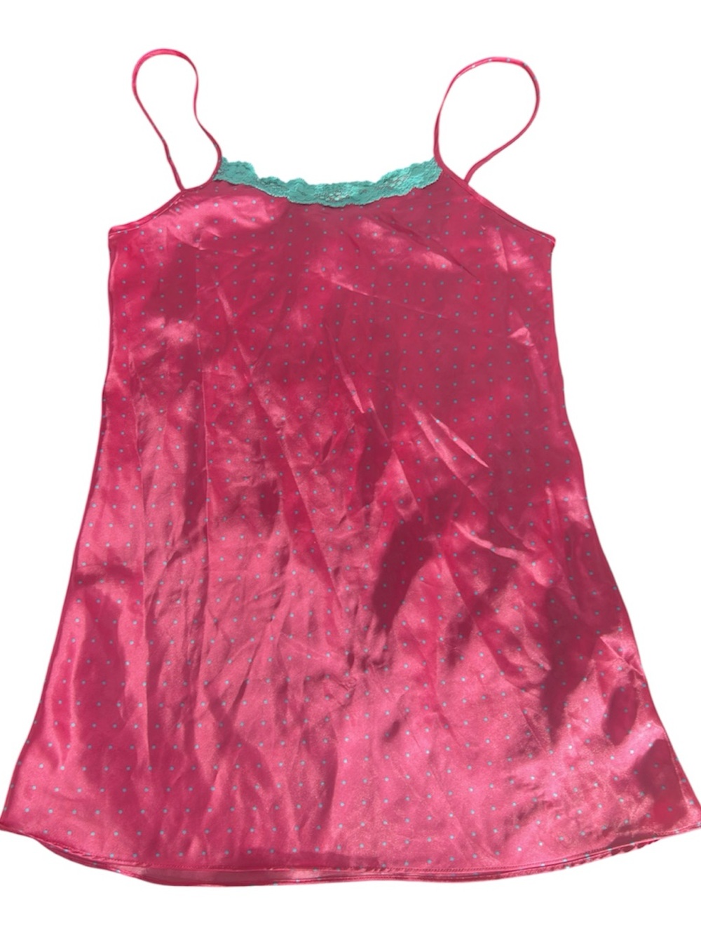 Vintage Donna L'oren Gold Label Pink & Teal Polka Dot Camisole Lace Lingerie Top